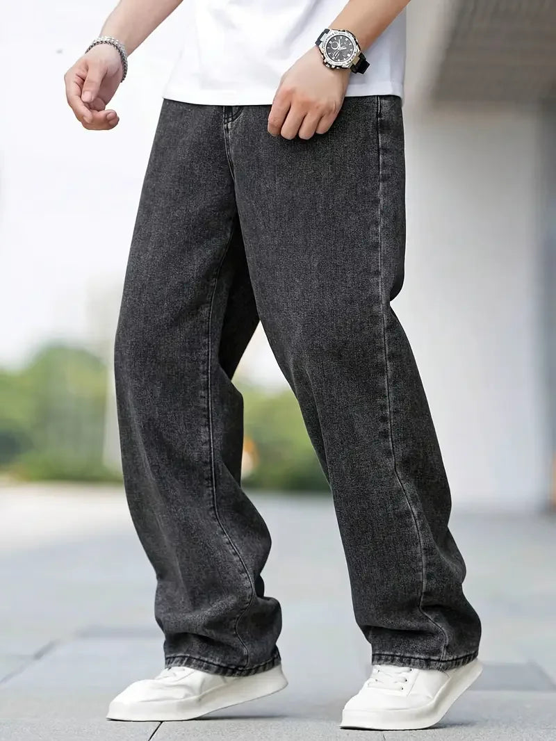 Men's Dark Grey Straight Leg Jeans - Minimalist Casual Denim Pants
