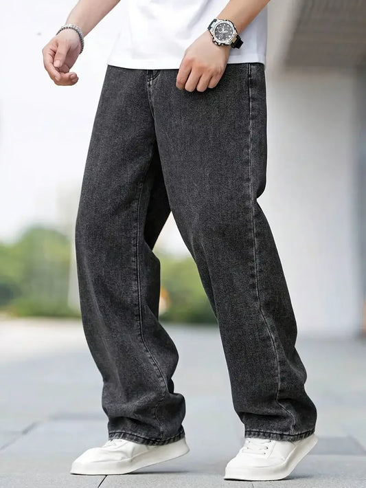 Men's Dark Grey Straight Leg Jeans - Minimalist Casual Denim Pants
