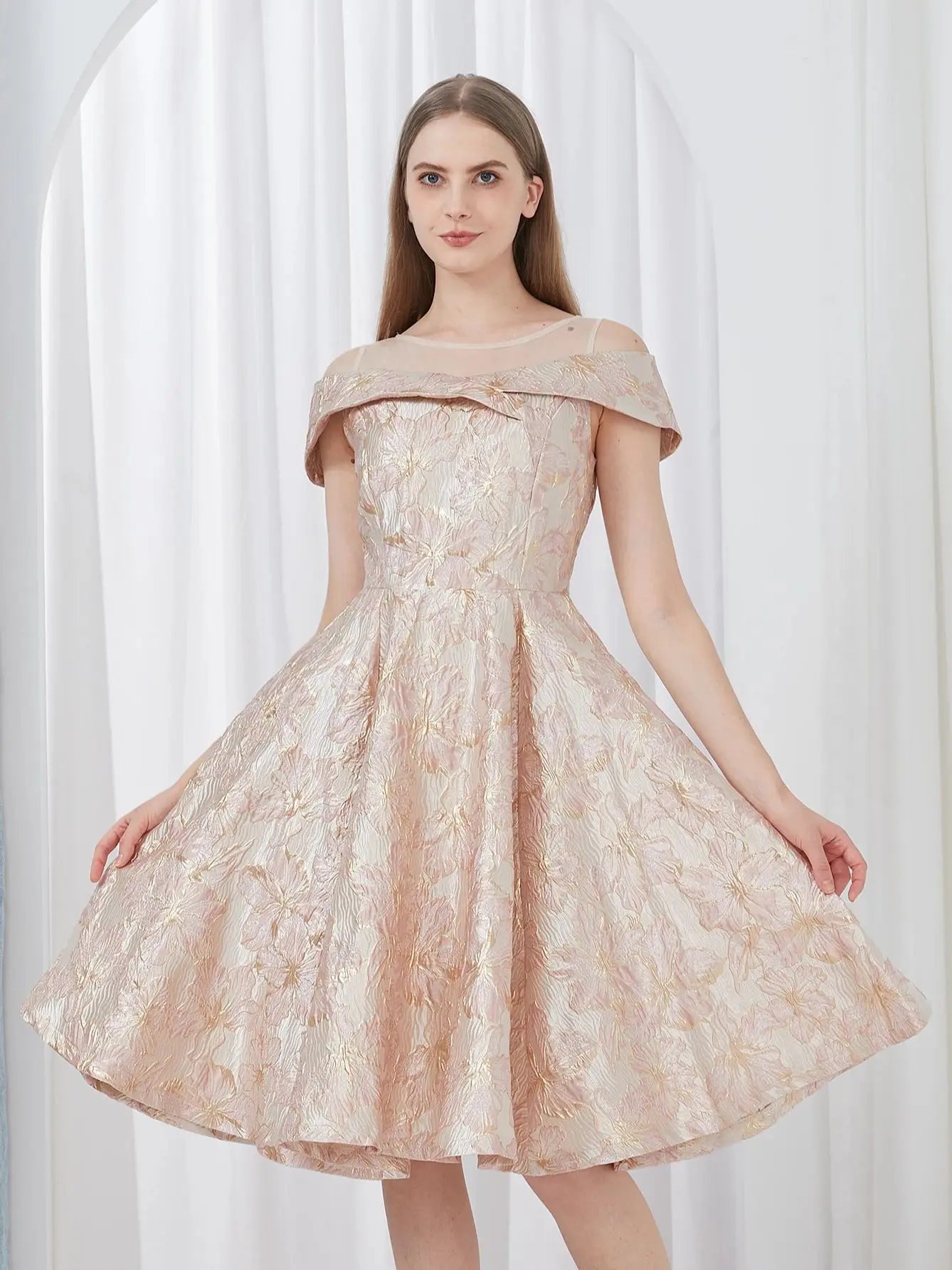 Luxury New Short Evening Dress Women Jacquard Patchwork Embroidery Party Dress Elegant A Line Floral Ball Gown Vestido