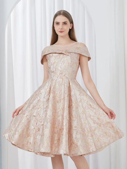 Luxury New Short Evening Dress Women Jacquard Patchwork Embroidery Party Dress Elegant A Line Floral Ball Gown Vestido