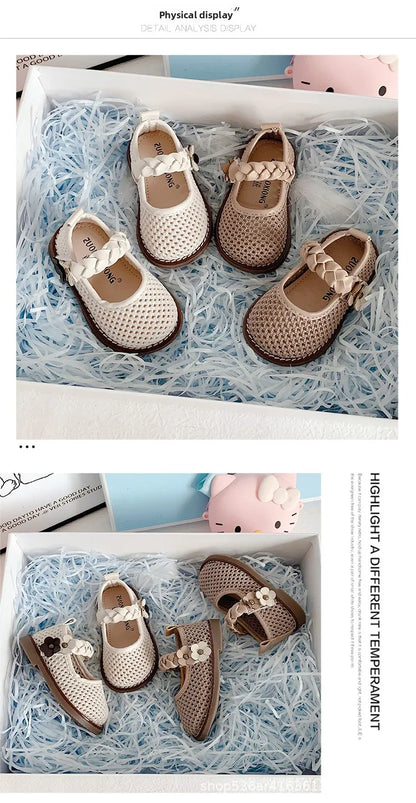 Girls Walking Shoes Lace Mesh Bows Kids Princess Shoes Non-slip Shiny Sequins 2025 New Children Flat Shoes Soft Sole Non-slip