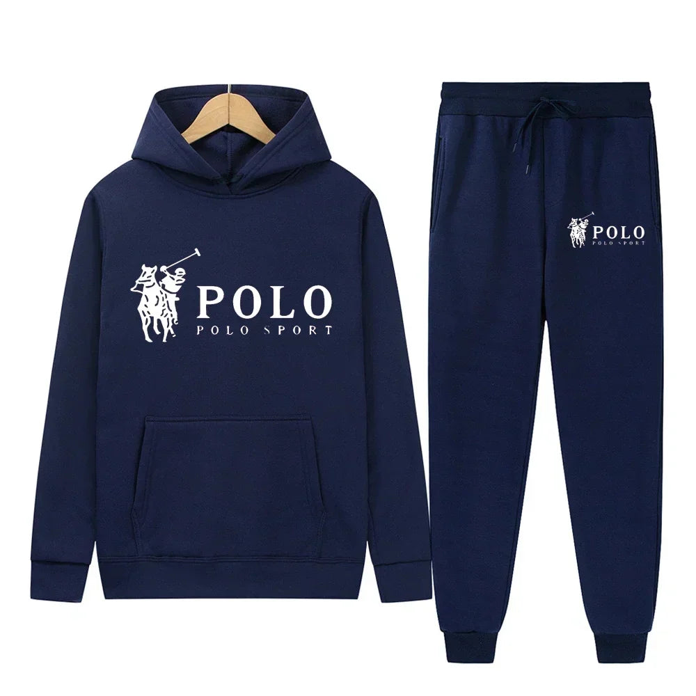 Winter and autumn fleece thickened hooded pullover sweater jacket for men, casual sports outfit, two-piece set for men