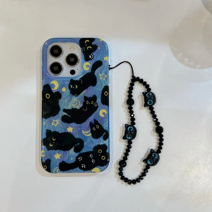 Korean Ins Cute Black Cats Double Layers Wrist Chain Phone Case for iPhone 17 16 15 14 13 12 Pro Max Plus Back Cover