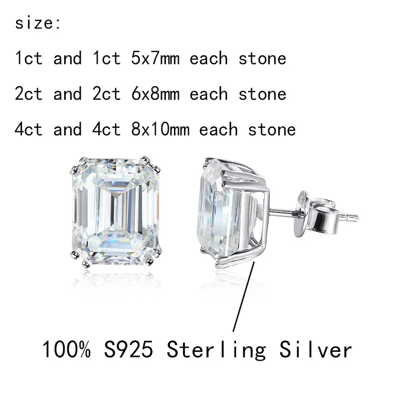 8cttw Emerald Cut D Color Real Moissanite Stud Earrings For Women 100% 925 Sterling Silver Gift Fine Jewelry