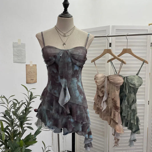 2025 Mesh Camisole for Women Stretch Casual Tie Dyeing Braless Sleeveless Adjustable Straps Asymmetrical Ruffle Tops