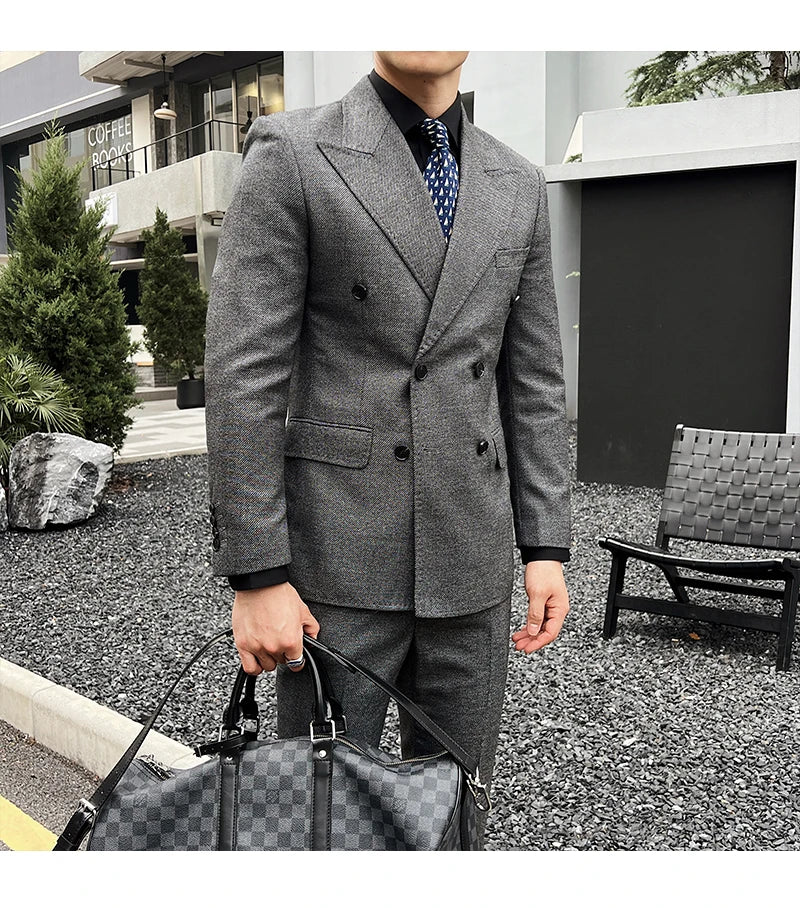 Men Vintage Luxury Double Breasted Slim Fit Lapel Evening Gown ltalian Style Fashion High-end Groom Wedding Party Tuxedo 2 Piece