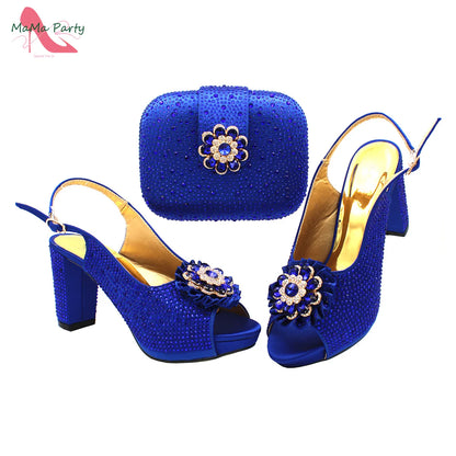 African Mature Women Shoes and Bag to Match in Teal Color Comfortable Heels with Platform for Garden Party