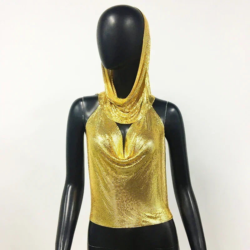 Fashion Metal Sequined Y2k Women Crop Top Tank Tops with Headscarf Metallic Sequins Sexy Backless Hollow Out Halter Corset top
