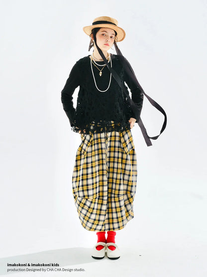 Yellow checkered skirt 2025 imakokoni original autumn Japanese color woven artistic pure cotton lantern skirt for women 255122