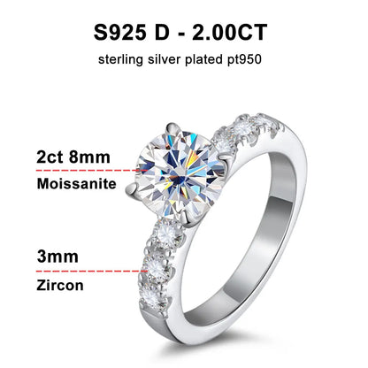 D VVS1 2ct Moissanite Rings for Women Engagement Wedding Brilliant Lab Diamond Band with GRA s925 Sterling Silver Ring