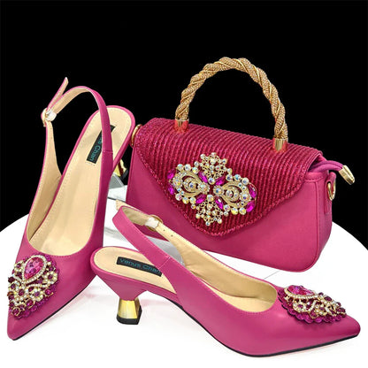 Latest Wedding Pointed Toe Women's Shoes High Heel White Color Rhinestones Party Ladies Shoes And Bag Set