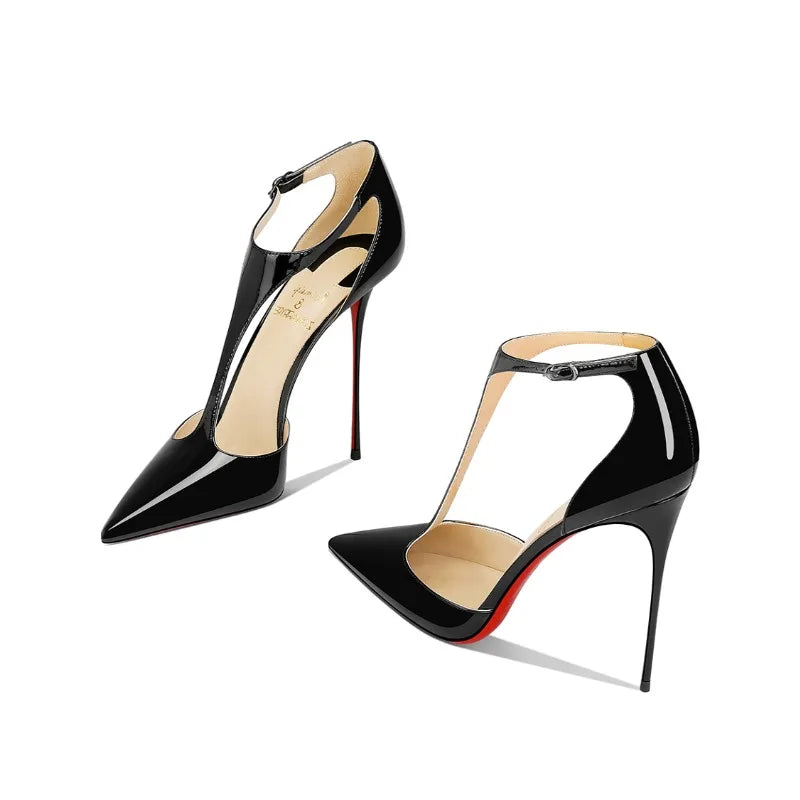 Black patent leather T-belt bag with nightclub sexy 12cm ultra-fine heel pointed party European and American high-heeled sandals