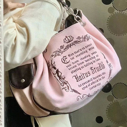 Bolsa Tote Feminina Rosa Vintage Y2K Gótica Estética Grande Capacidade Bordado Letra Retrô Corrente Grunge Viagem Ombro