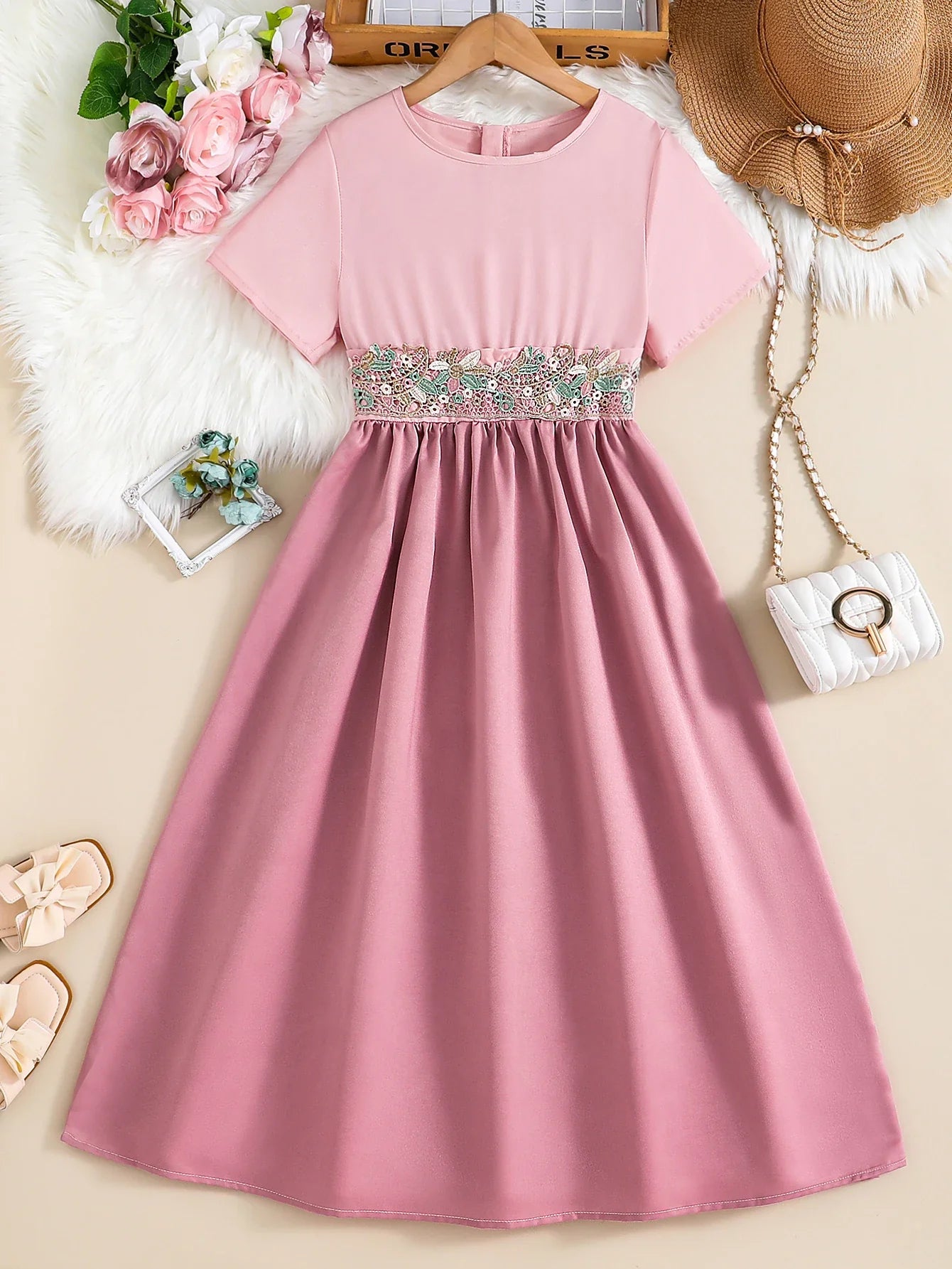 Summer Retro Elegant Girls' Waist Decal Round Neck Zipper Short Sleeved Solid Color Medium Long Dress