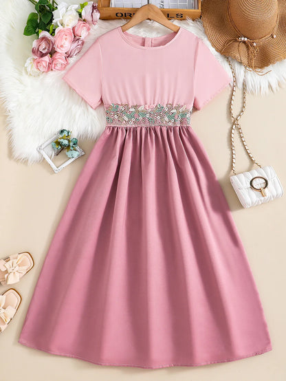 Summer Retro Elegant Girls' Waist Decal Round Neck Zipper Short Sleeved Solid Color Medium Long Dress