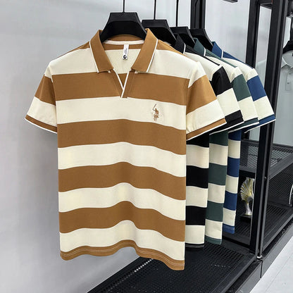 High End Embroidered Polo Shirt for Men, 2026 New Summer Striped Men's Short Sleeved T-shirt, Pure Cotton Lapel Half Sleeved Top