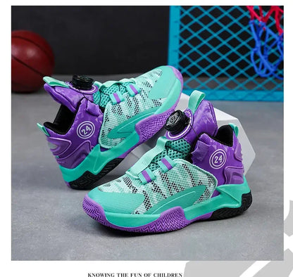 Boys Girls Quick Twist Lace Basketball Shoes Wear Resistant Comfortable Outdoor Athletic Footwear