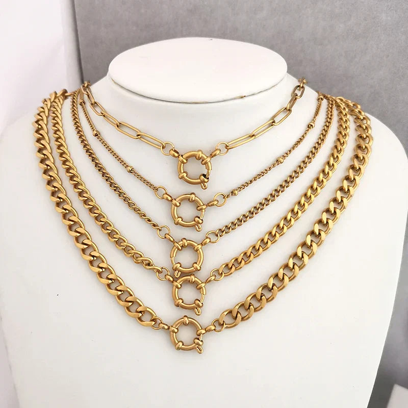 Spring Sailor Clasp Necklace Women Men Choker Stainless Steel Geometric Paperclip Link Chain Rolo PVD Gold Color Wholesale