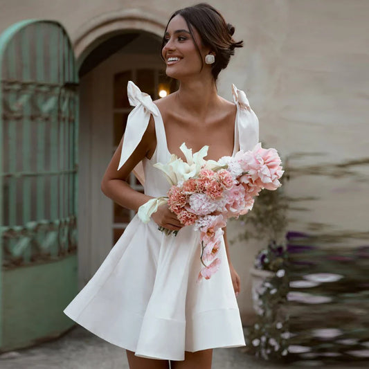 Dreamy Fairy Garden Wedding Dress White Satin Ruched Bow Wedding Party A-line Square Neck Mini Dresses Short Bridal Dresses 2024