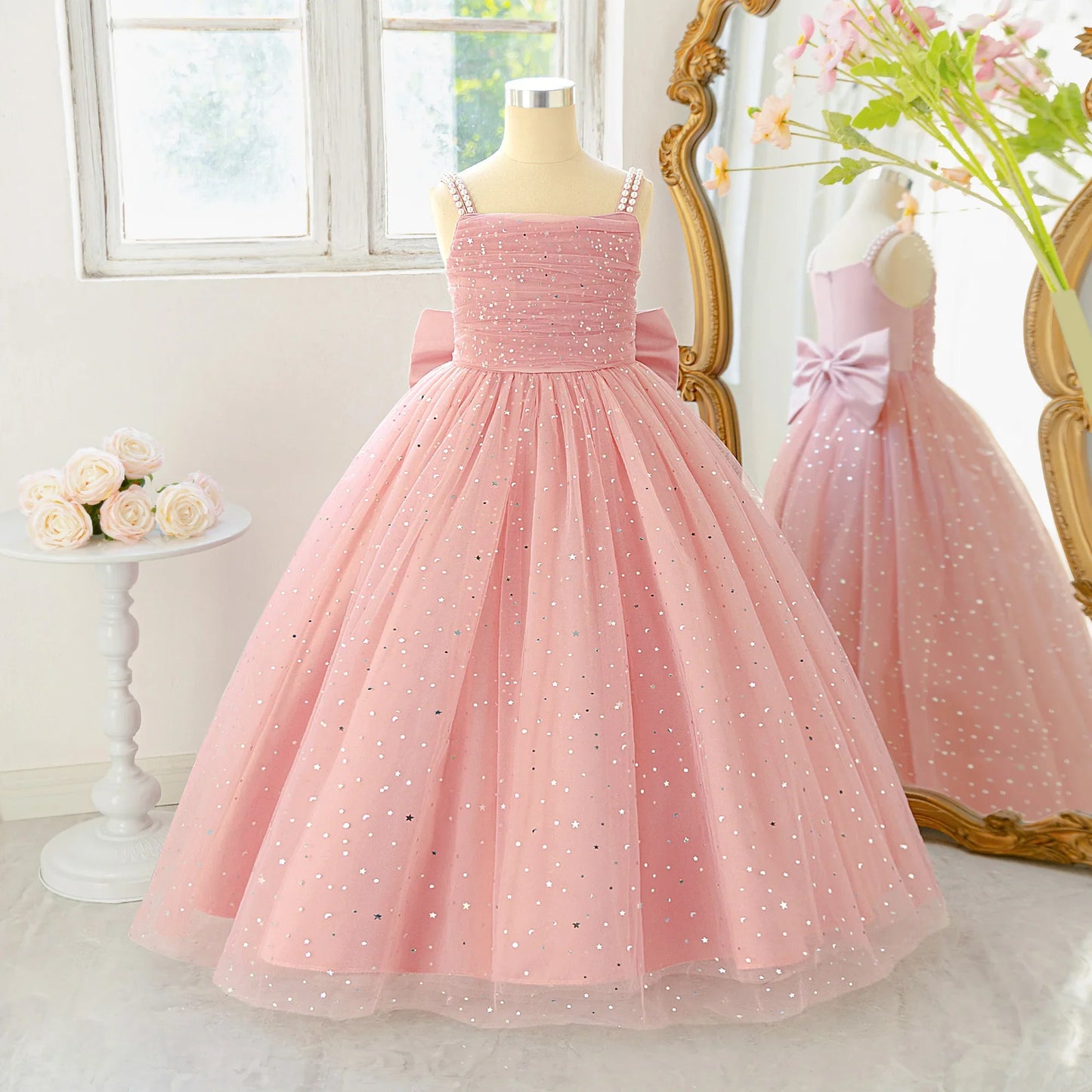 Elegant Sequins Bridemaids Girl Dress Summer Big Bow Tulle Wedding Princess Party Prom Dresses Girls Birthday Evening Ball Gown