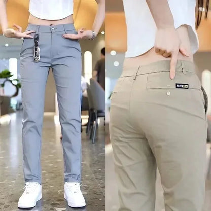 Summer Pants Ice Silk Men's Casual Simple Khaki Black Slim Straight Stretch Trousers Business Casual Male Clothing Pant