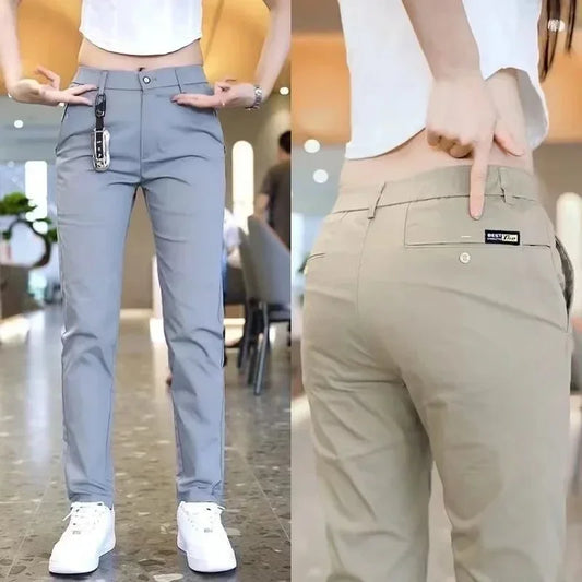Summer Pants Ice Silk Men's Casual Simple Khaki Black Slim Straight Stretch Trousers Business Casual Male Clothing Pant