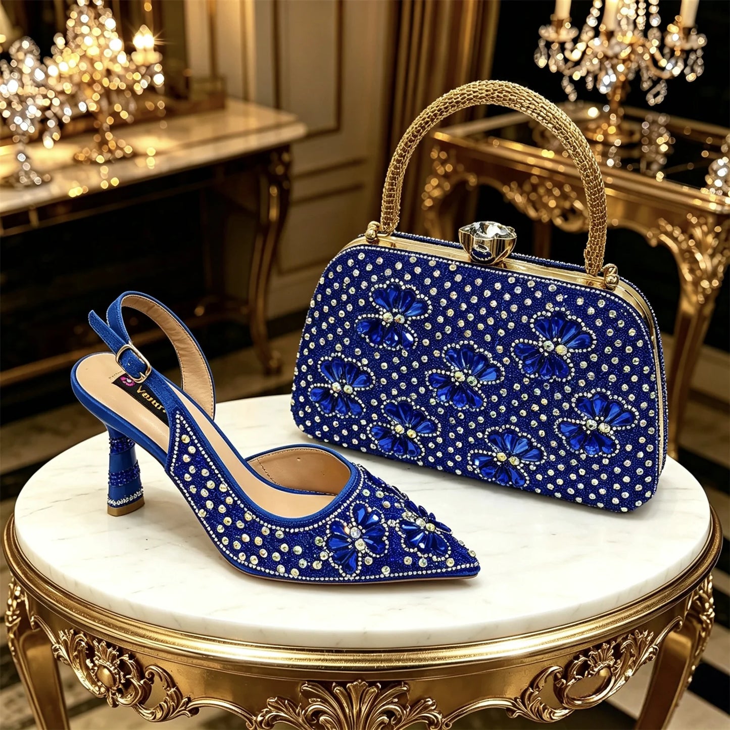 Gold Pointed Toe Rhinestone Heels & Bag Set, Sparkly Slingback Shoes for Women Wedding Party Evening Prom