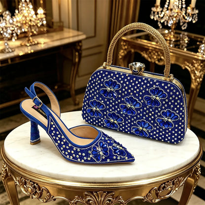 Gold Pointed Toe Rhinestone Heels & Bag Set, Sparkly Slingback Shoes for Women Wedding Party Evening Prom