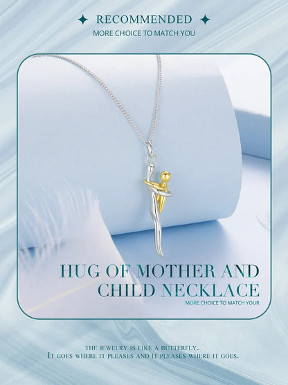Real 925 Sterling Silver Hug Embrace Pendant Necklace Silver Gold Two-tone Mom & Child Pendant Family Gift  Mom Jewelry