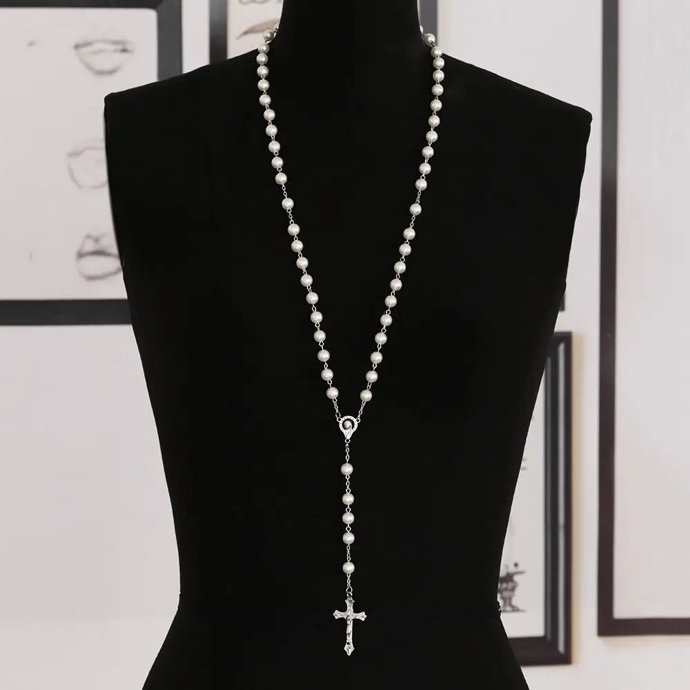 Jewelry Crucifix Charm Vintage Cross Necklace Jesus Rosary Beads Chain Virgin Mary Pendant