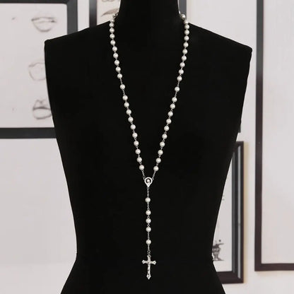 Jewelry Crucifix Charm Vintage Cross Necklace Jesus Rosary Beads Chain Virgin Mary Pendant