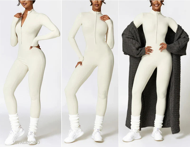 VITALINOVO Women Fleece Lined Workout Jumpsuits Long Sleeve Zip Up Yoga Romper Winter Warm Thermal One Piece Bodycon Bottom Pant