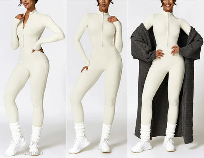 VITALINOVO Women Fleece Lined Workout Jumpsuits Long Sleeve Zip Up Yoga Romper Winter Warm Thermal One Piece Bodycon Bottom Pant