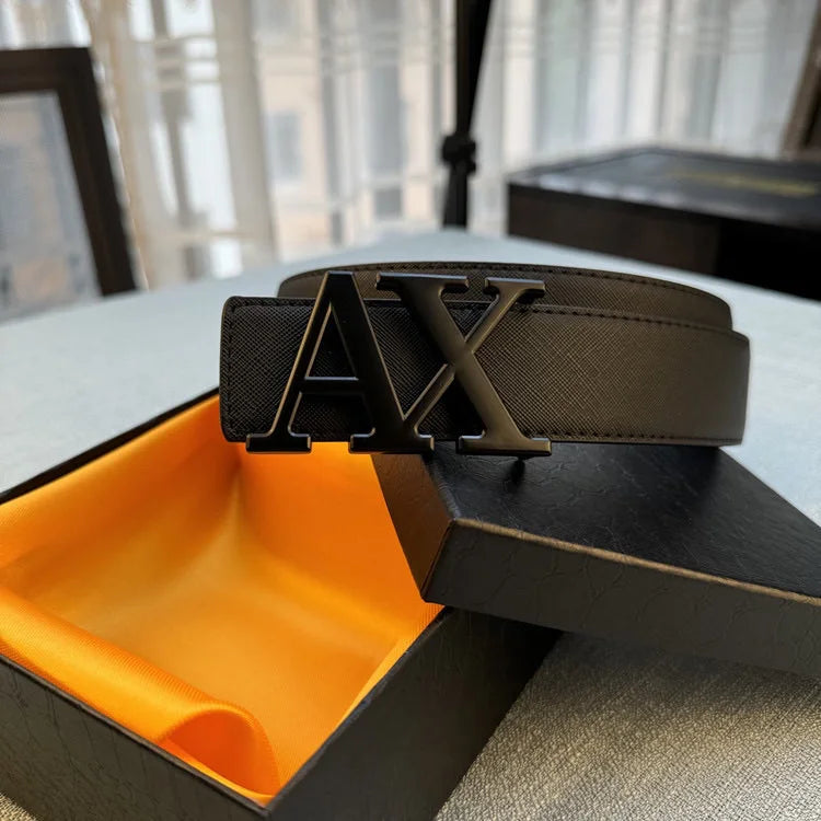 2026 Designer Men's Belt - AX Letter Buckle, 3.8cm Wide, Lychee Pattern, Plain Weave, High-End Fashion, Premium Leather Waistban