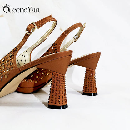 New Italian Design Open Toe Women High Heels for 2025 Elegant Party Wine Color Diamond Pumps Shoes and Bags Matching Set