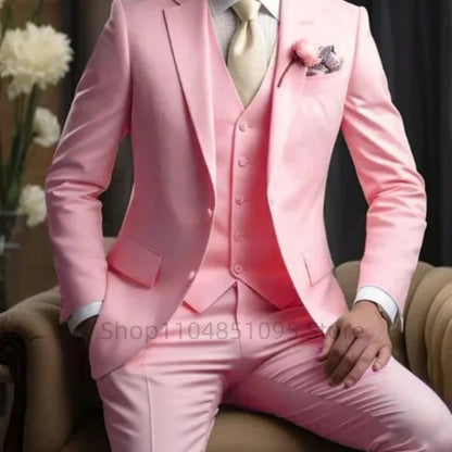Wedding Light Pink Men's Suit 3 Pieces Formal Business Notch Lapel Blazer Tuxedos Slim Fit Groomsmen Suit Set(Jacket+Vest+Pant)
