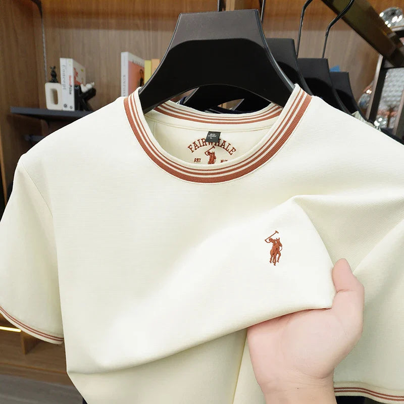 Summer New Cotton Men's Light Luxury Embroidered Versatile Round Neck Loose Short Sleeved Top