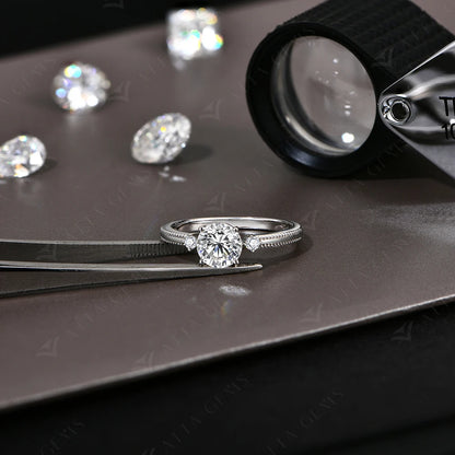 1CT 6.5mm Round Cut Moissanite Ring for Women 925 Silver 18K Gold Plated Bead Edge Design Engagement Party Jewelry Gift