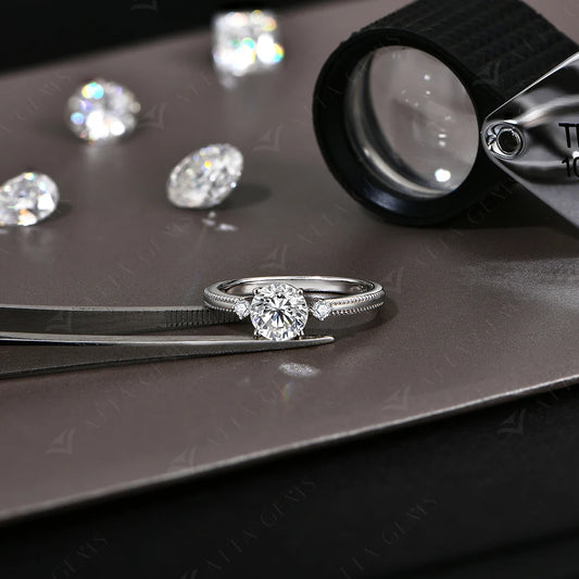 1CT 6.5mm Round Cut Moissanite Ring for Women 925 Silver 18K Gold Plated Bead Edge Design Engagement Party Jewelry Gift