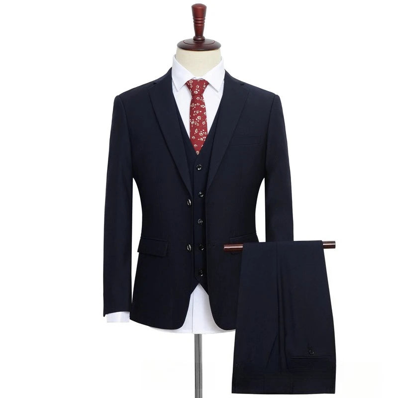 Plus Size Man Suit Set Solid Color Single Breasted Jacket Vest Pants For Host Groom Groomsmen Grey Black Navy 3-Piece Suit Set