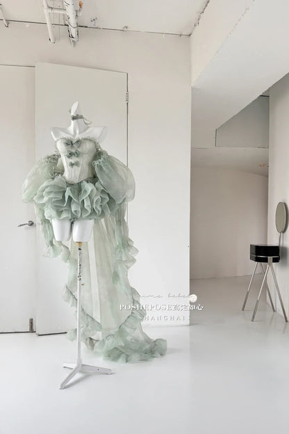 High Street Women's Mint Green Strapless Bowknot Sweet Fairy Organza Dress 2024 New Elegant Big Bow Trailing Party Wedding Dress