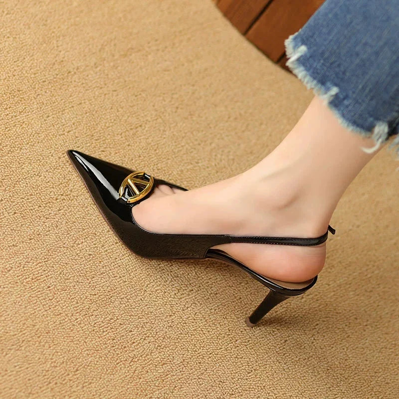 Thin heeled Baotou sandals for women's summer 2026 new style, pointed back strap, metal buckle, versatile high-heeled sandals