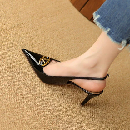 Thin heeled Baotou sandals for women's summer 2026 new style, pointed back strap, metal buckle, versatile high-heeled sandals