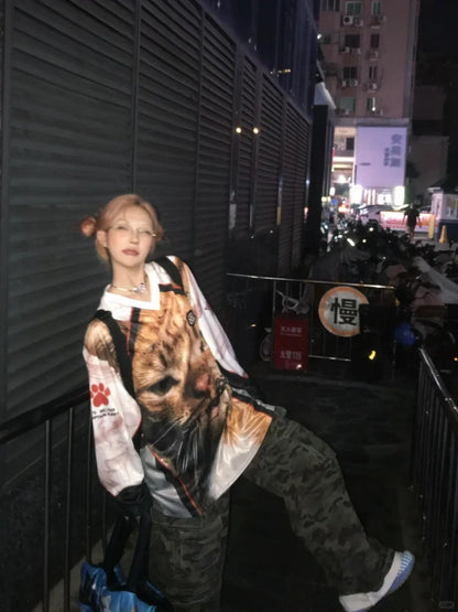 Japanese Y2k Kitten Print Jersey T-shirt Vintage Harajuku V-neck Long Sleeve Cat Tops American Retro Streetwear 2000s