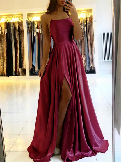 Satin Beach Maxi Women Dress for Christmas Sexy Side Slit Adjustable Straps Evening Prom Dress Cheap Bridesmaid Dresses