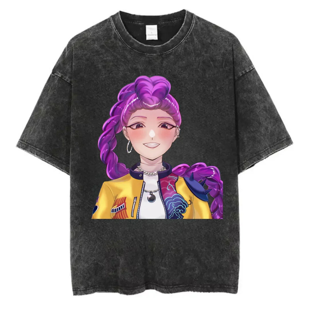 Washed Kpop Anime Demon Hunter Huntrix Girls T Shirt Kawaii Cute Fashion Unisex T-shirts Oversized Cotton Casual Vintage T-Shirt