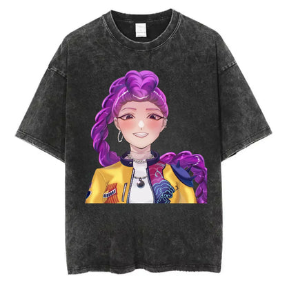 Washed Kpop Anime Demon Hunter Huntrix Girls T Shirt Kawaii Cute Fashion Unisex T-shirts Oversized Cotton Casual Vintage T-Shirt