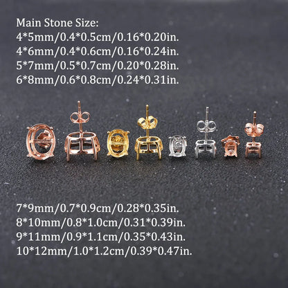 Oval 4-prong silvery Golden Rose golden color solid 925 sterling silver stud earring settings DIY jewelry supplies