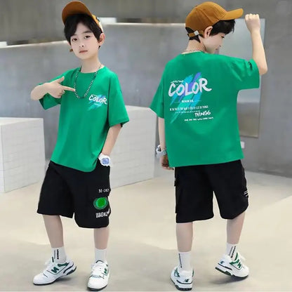 Children's set 2026 new Korean version boys' summer printed letter round neck short sleeved shorts two-piece set 4-12Y