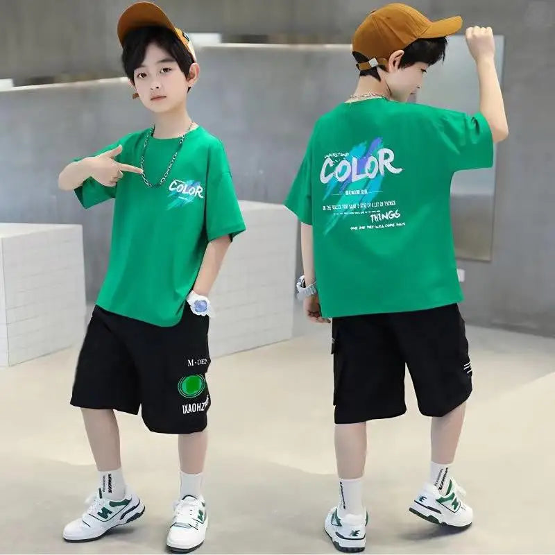 Children's set 2026 new Korean version boys' summer printed letter round neck short sleeved shorts two-piece set 4-12Y